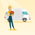 Delivery courier holding bouquet of flowers.