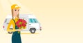 Delivery courier holding bouquet of flowers.