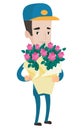 Delivery courier holding bouquet of flowers.