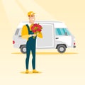 Delivery courier holding bouquet of flowers.