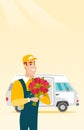 Delivery courier holding bouquet of flowers.