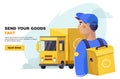 Delivery courier man with bag with delivery truck on background. Delivery concept. Vector illustration in a flat style Royalty Free Stock Photo