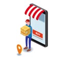 Delivery courier man with box parcel smartphone with online store. Online shopping and delivery concept. Isometric Royalty Free Stock Photo