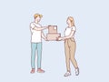 Delivery Courier man Giving Parcel Box To Woman Receiving Order simple korean style illustration Royalty Free Stock Photo