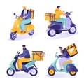 Set of characters couriers riding scooters. Fast delivery service concept. Royalty Free Stock Photo