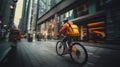 Delivery cyclist in motion on city street with orange backpack Royalty Free Stock Photo