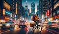 Delivery cyclist navigating traffic on illuminated city street Royalty Free Stock Photo
