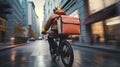 Delivery cyclist speeding through urban street with food backpack Royalty Free Stock Photo