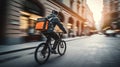 Delivery cyclist speeding through city streets with food backpack Royalty Free Stock Photo