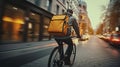 Delivery cyclist speeding through city streets with yellow backpack Royalty Free Stock Photo