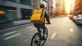 Delivery cyclist speeding through urban traffic with food delivery backpack Royalty Free Stock Photo