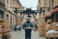 Delivery dron in the city, new technology concept