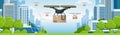 Delivery drone with the cardboard box flying over the town. Quadcopter carrying a package to customer. Technological Royalty Free Stock Photo