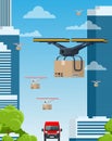 Delivery drone with the cardboard box flying over the town. Quadcopter carrying a package to customer. Technological Royalty Free Stock Photo