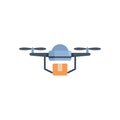 Delivery drone carrying package during flight with propellers spinning Royalty Free Stock Photo