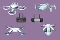 Delivery drone. 3d aerial copter with camera, flying vehicle gadget with propeller. Quadcopter and control joystick. UAV