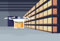 Delivery drone flying air shipment warehouse interior parcel box on rack logistic cargo service concept rows shelves