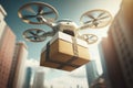 Delivery drone flying through the city, transporting packages. Generative AI