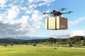 Delivery drone flying in the mountain