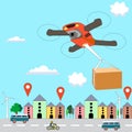 Delivery drone flying with package box with location symbol. Drone delivery concept vector illustration. Royalty Free Stock Photo
