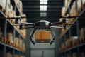 Delivery drone flying with package inside warehouse Royalty Free Stock Photo