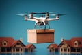 delivery by drone. multicopter delivering a package to a customer mail.
