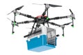Delivery drone with pet travel plastic cage, 3D rendering Royalty Free Stock Photo