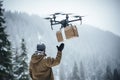 Delivery by drone or sending cargo through a winter forest in snowfall Royalty Free Stock Photo