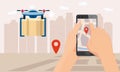 Delivery drone service. Hand hold smartphone application for parcel shipment tracking map. 24 7 delivery flying dron Royalty Free Stock Photo
