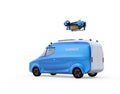 Delivery drone takeoff from two-tone electric powered delivery van on white background