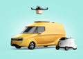 Delivery drone takeoff from yellow electric powered van, white delivery robot on left side Royalty Free Stock Photo