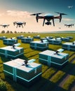 Delivery Drones Hovering Over Parcels in Field