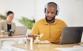 Delivery, fast food and black man with laptop in office for lunch break, eating and meal. Sushi, brunch and African Royalty Free Stock Photo
