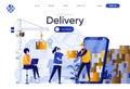 Delivery flat landing page. Customers using delivery mobile application and courier with parcel vector illustration. Logistics and