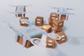 Delivery flying drone package cardboard box in warehouse,to distribution center,futuristic business,industrial air transport