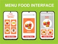 Delivery food design kit for app. Online fast food screens with food menu, order and payment. Express delivery and