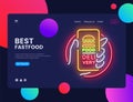 Delivery Food Neon Horizontal Web Banner Vector. Fast Food Advertising banner web interface in modern trend design, neon