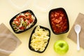 Delivery food. Various prepared dishes in plastic containers