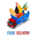 Delivery of fresh organic vegetables in wooden box. Isometric delivery truck, food delivery concept. Shopping online Royalty Free Stock Photo