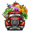 Delivery of fresh products from the farm. Retro pickup truck with organic vegetables. Vector illustration
