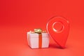 delivery of gifts to the specified address. gift box and dot gps on a red background. 3D render Royalty Free Stock Photo