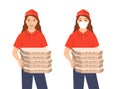 Delivery girl holds in hands several pizza boxes