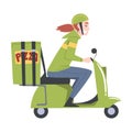 Delivery Girl Riding Scooter, Pizza Delivery Service Cartoon Style Vector Illustration Royalty Free Stock Photo