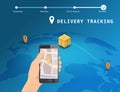 Delivery Global tracking system service online isometric design with markers cargo box on map Earth. Hand hold