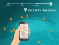 Delivery Global tracking system service online isometric design with markers cargo on map Earth. Hand hold smartphone