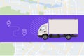 Delivery of goods around the city. Cargo van on the background of the city map, place label. Vector illustration