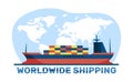 Delivery of goods by cargo seagoing vessels. Worldwide shipping. Barge with containers on map background. Freight