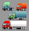 Delivery of goods and goods by different trucks, cargo. Vector set. Cartoon trucks of different colors and sizes, side view. Royalty Free Stock Photo