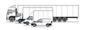 Delivery of goods and parcels by different trucks, cargo van, lorry. Vector set. Trucks in the parking lot side view. White blank