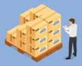 Delivery of goods, products, cardboxes with things, man with clipboard checking parcels in list Royalty Free Stock Photo